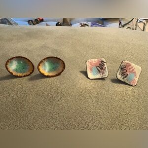 Vintage Enamel On Copper Earrings Clip On Screw Back Artisan Abstract Colorful